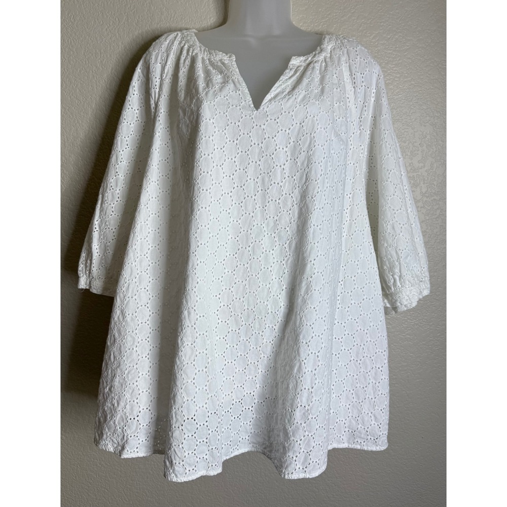 Lands End Womens 2X Blouse White Eyelet Cotton 3/4 Sleeve V Neck Tunic Boho Chic